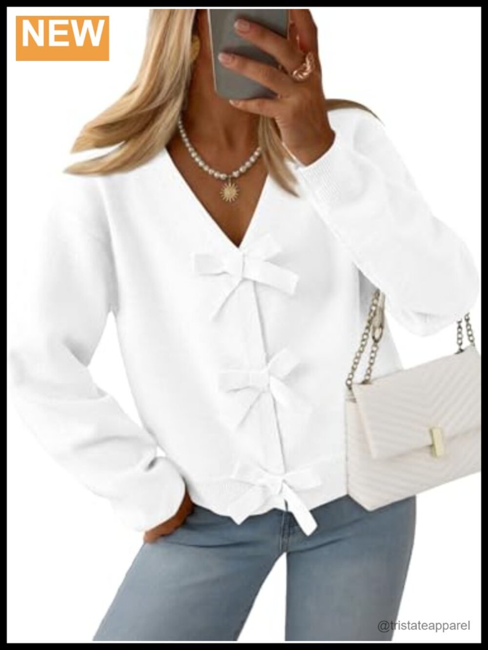 Cropped Tie Front Bow Cardigan Sweater V Neck